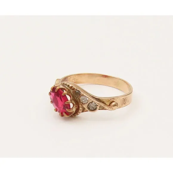 14K GOLD Vintage Victorian Oval Garnet & Real Diamonds Ring Sz 6.5 GR660